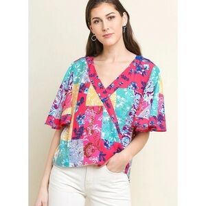 Umgee Mock Wrap Crossbody Flutter Sleeve Mixed Print Top